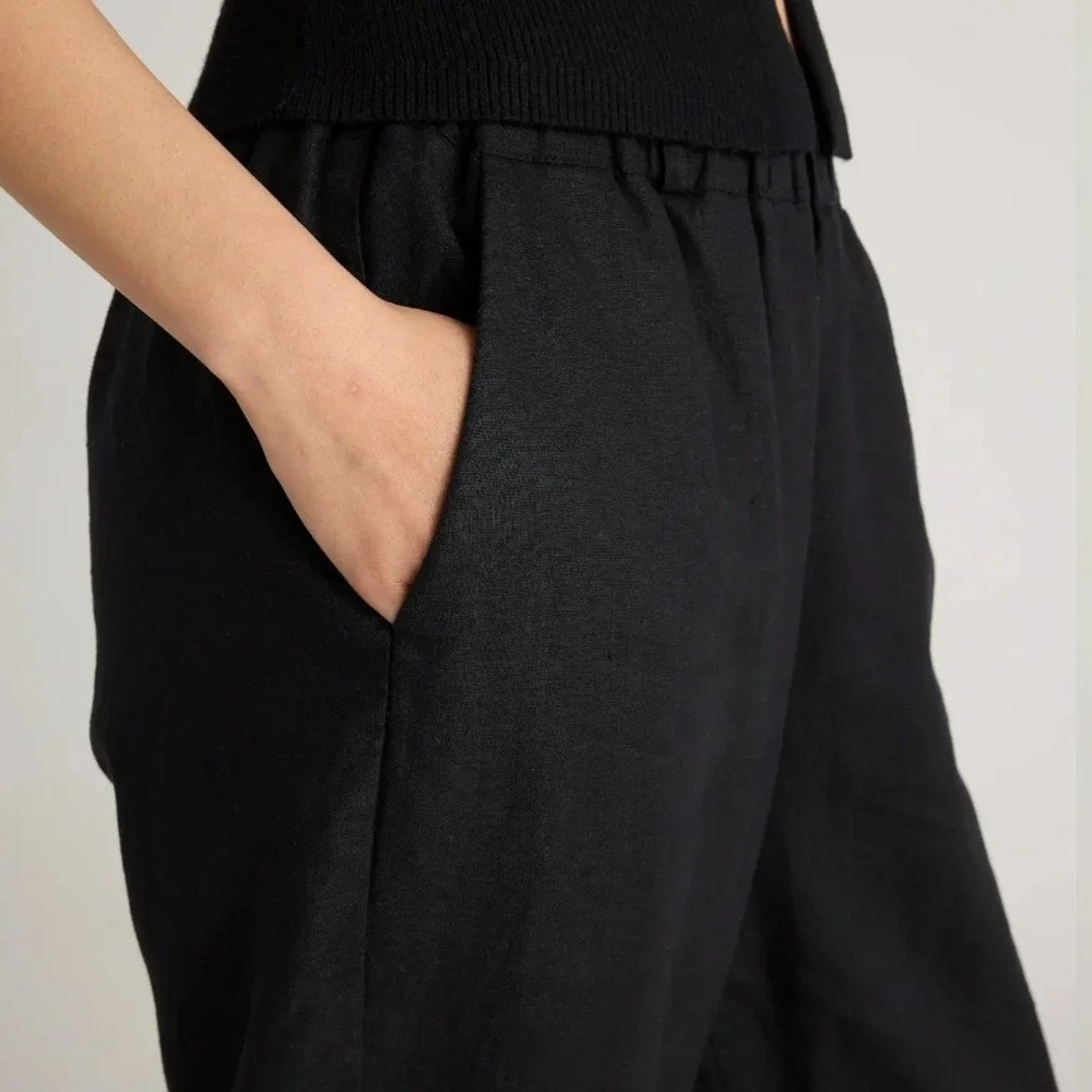 Quince Womens Black 100% European Flax Linen Elastic Waist Pants Size M